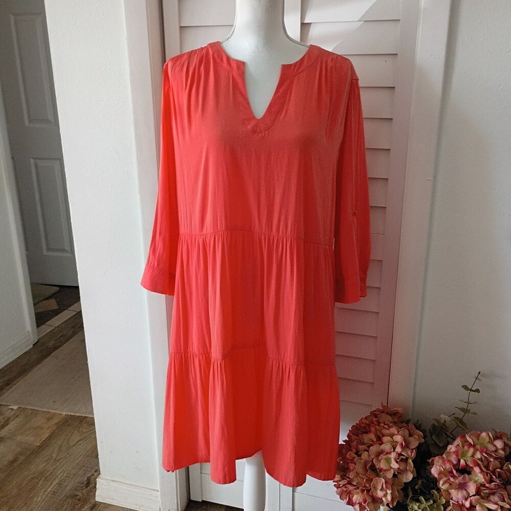 Chico's pullover lightweight v-neck coral summer tier dress‎ Sz 14
